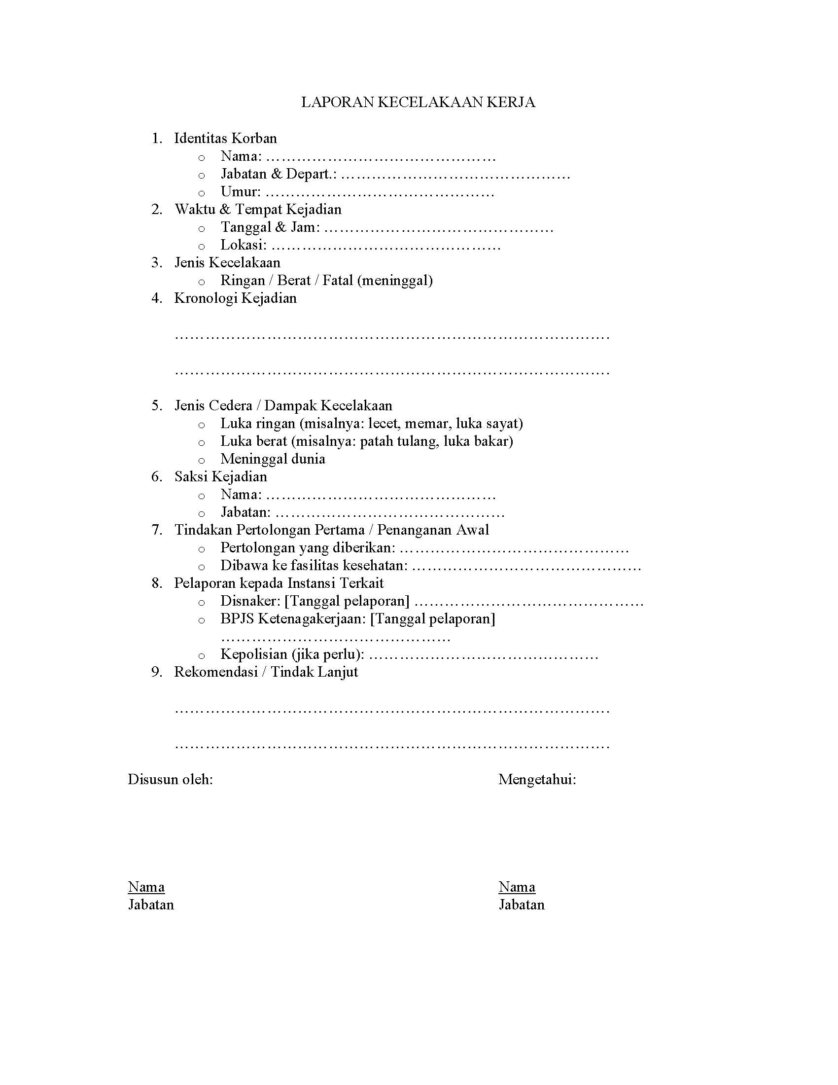 Contoh Format Laporan Kecelakaan Kerja